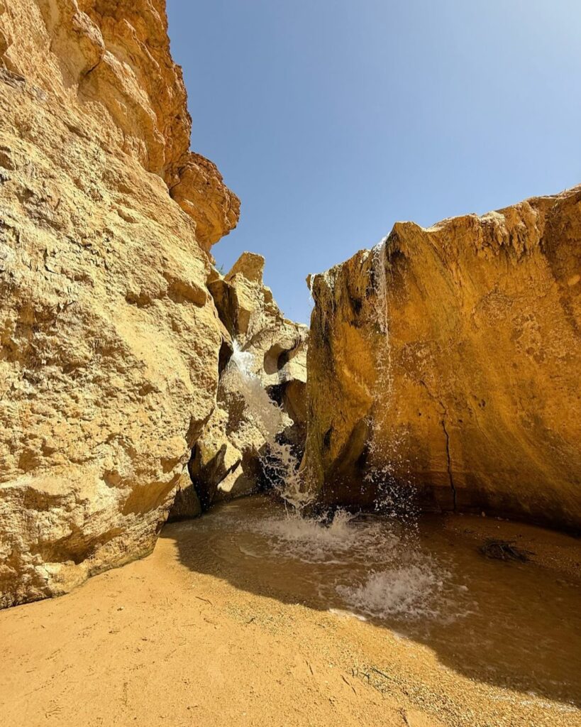 Piccola cascata naturale che sgorga dalle rocce dell'oasi di montagna di Chebika, Tunisia, circondata da pareti di arenaria.